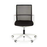 Silla de oficina profesional MOVE-TEC NET 3D W en blanco y negro con respaldo de malla y base blanca de cinco ruedas de hjh OFFICE – vista de 360° (vista frontal 0°)
