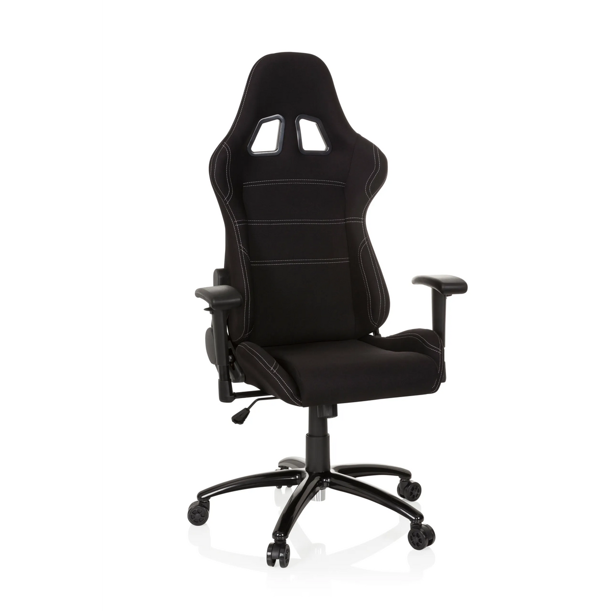 Silla gaming negra GAME FORCE con reposacabezas, reposabrazos y base de cinco ruedas de hjh OFFICE – vista de 360° (vista frontal 20°)
