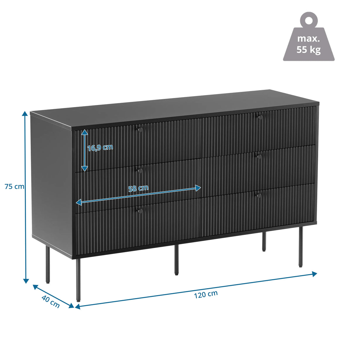 Dibujo dimensional del aparador KARBY S de 120 × 40 cm de hjh LIVING