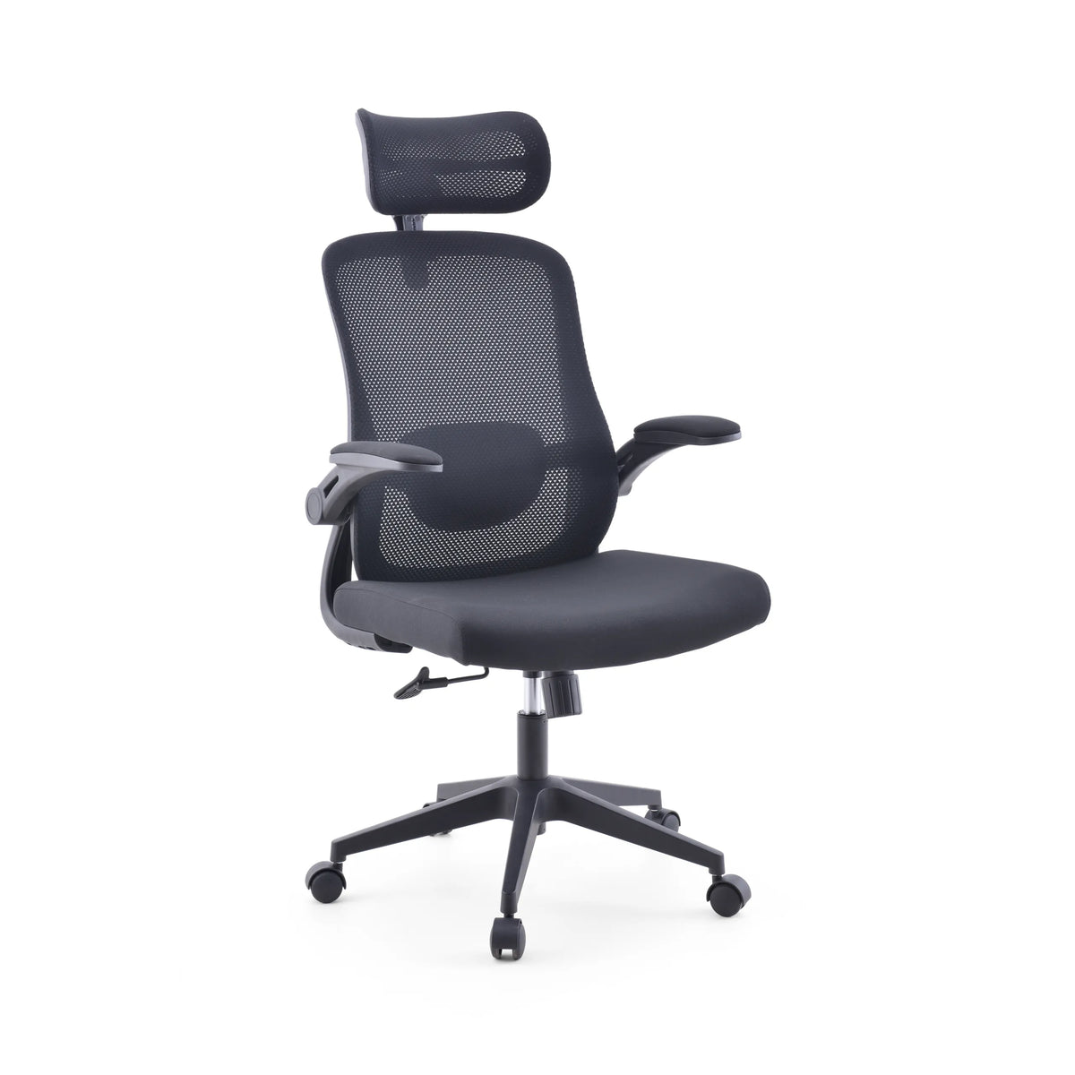 Silla Home Office Vertuflex negra con respaldo de malla y base de cinco ruedas de MyBuero – vista de 360° (vista frontal en diagonal 30°)