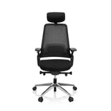Silla de oficina profesional BRACIO negra con respaldo de malla, reposacabezas y base de cinco ruedas de hjh OFFICE – vista de 360° (vista frontal 0°)