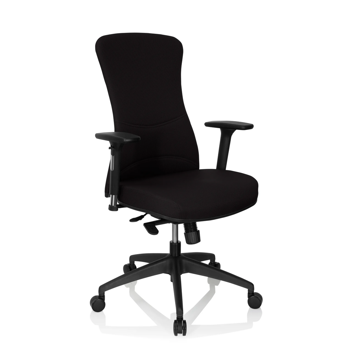 Silla de oficina profesional OFFICE XT PRO negra con reposabrazos y base de cinco ruedas de hjh OFFICE – vista de 360° (vista frontal en diagonal 40°)