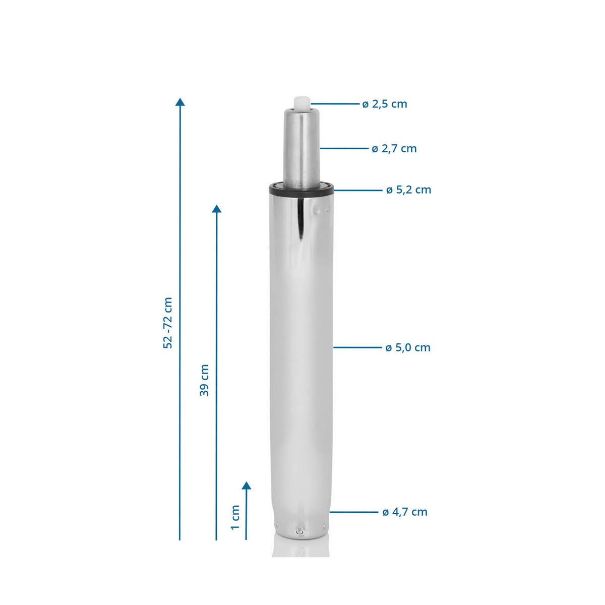 Dibujo técnico del muelle de gas GF-XXL con una altura de 52-72 cm de hjh OFFICE