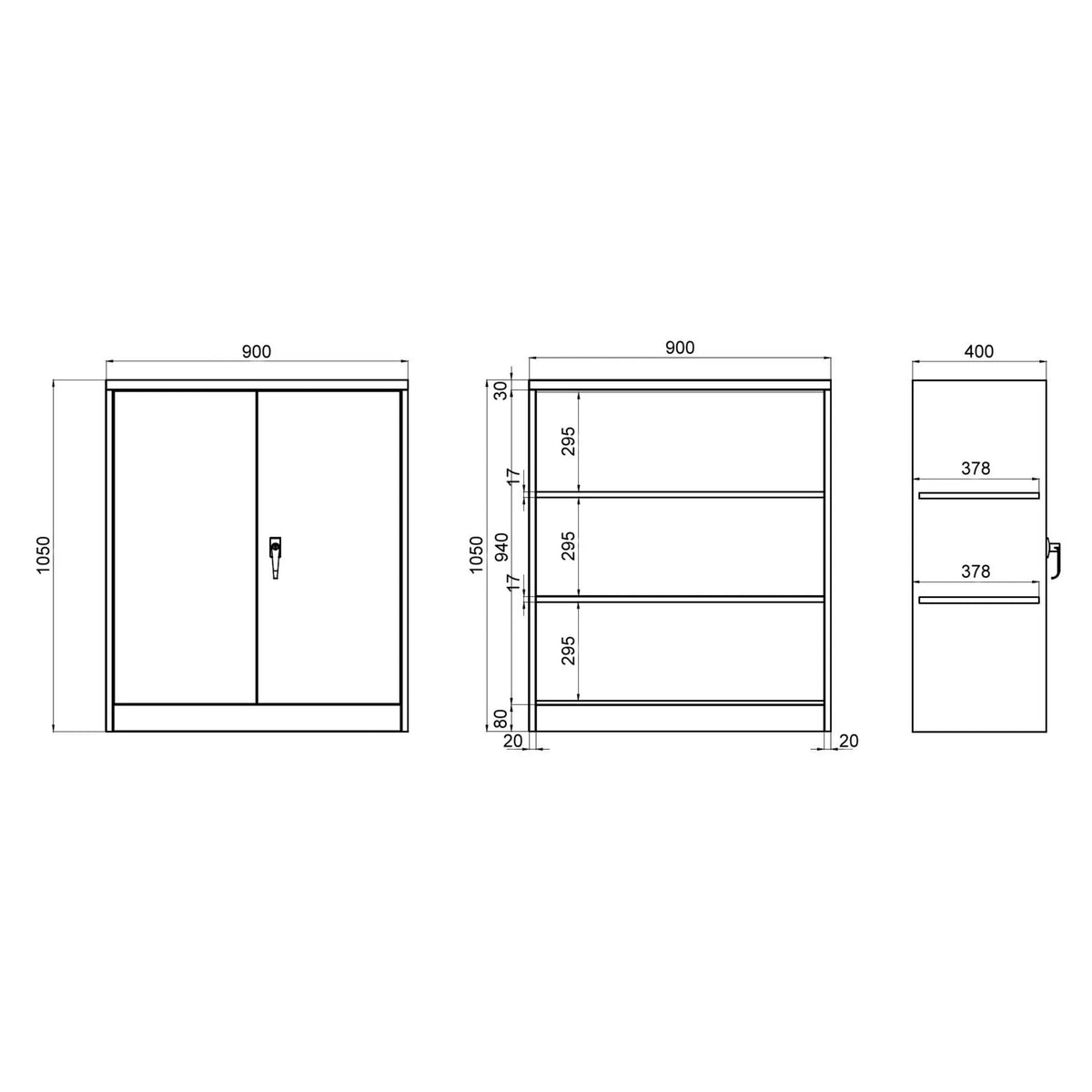 Technische Zeichnung des Aktenschranks COLOR AS 105 mit 900 × 1050 mm von hjh OFFICE