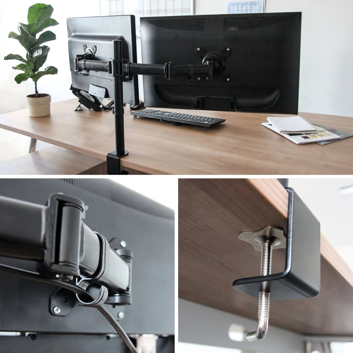 Gestión de cables y fijación a la mesa del soporte de monitor VM-MF2 en negro de hjh OFFICE