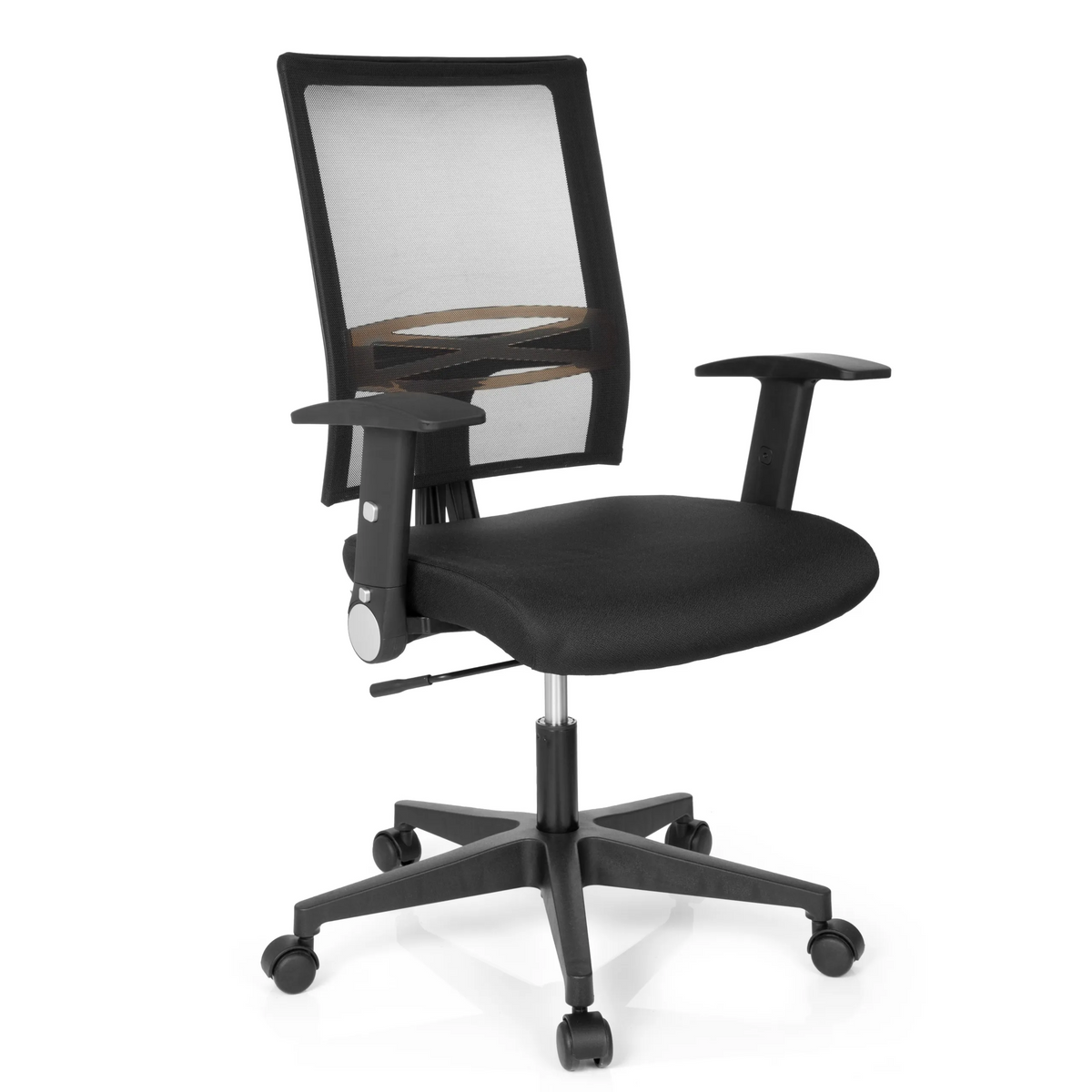 Silla Home OFFICE R8 negra con respaldo de malla y base de cinco ruedas de hjh OFFICE – vista de 360° (vista frontal en diagonal 40°)