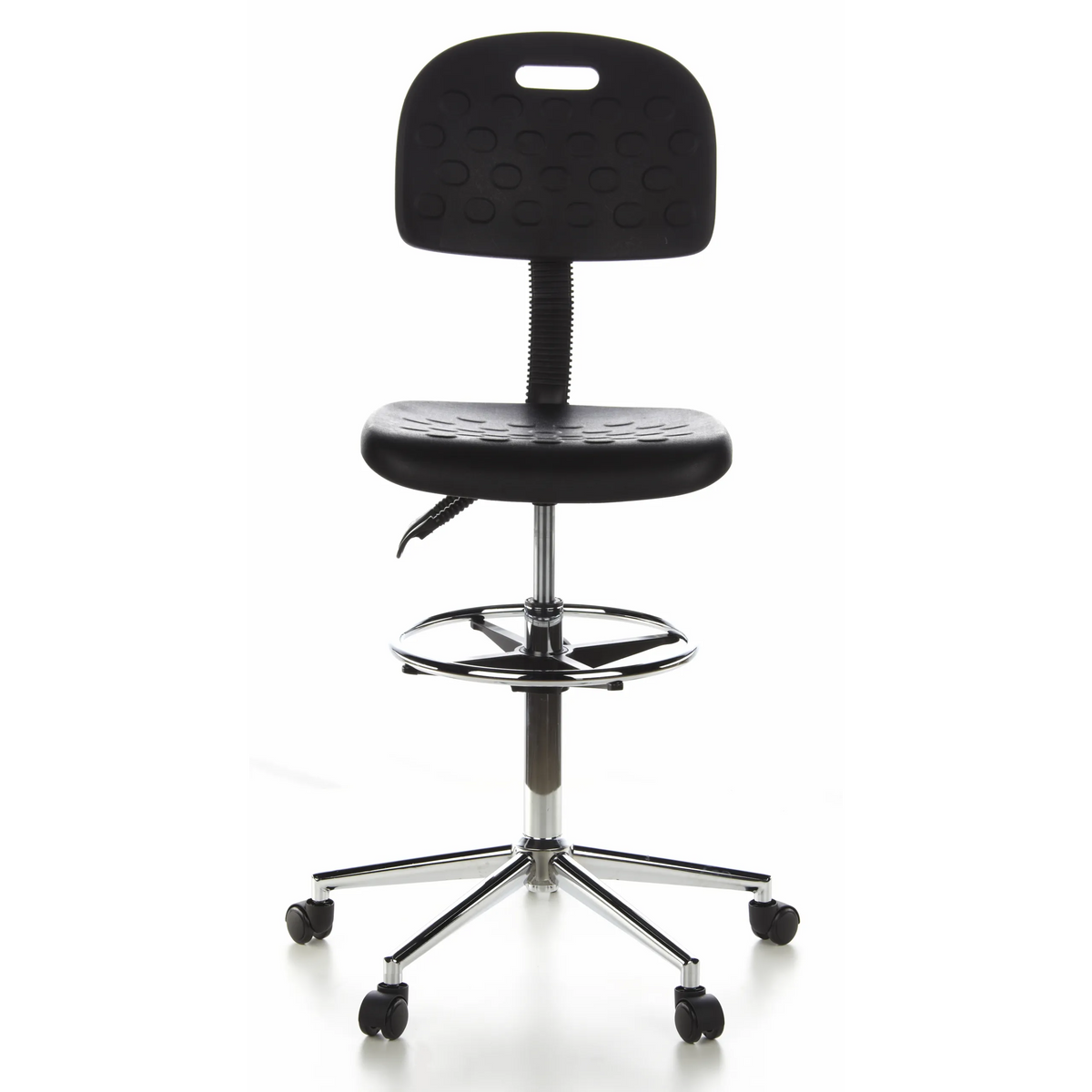 Silla de mostrador negra TOP WORK 23 con reposapiés y base de cinco ruedas de hjh OFFICE – vista de 360° (vista frontal 0°)