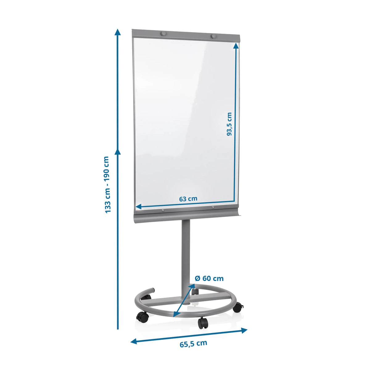 Dibujo dimensional de la Pizarra blanca MULTIBOARD con una altura de 133 a 190 cm de hjh OFFICE