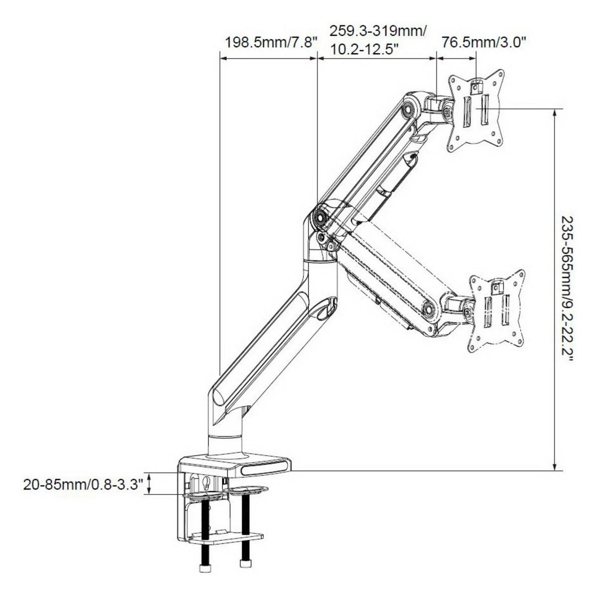 Dibujo técnico del Soporte de monitor VM-MG1S con una altura máxima de 565 mm de hjh OFFICE