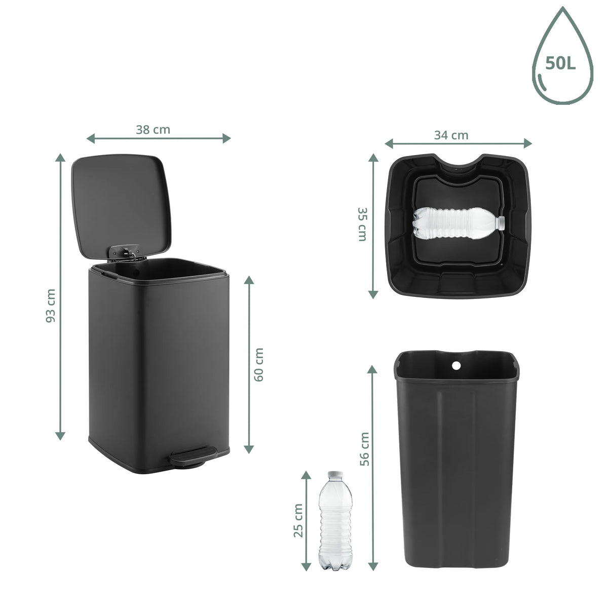 Dibujo dimensional de la Papelera Clean Step 3 con una capacidad de 50 l y una altura de 93 cm de hjh OFFICE