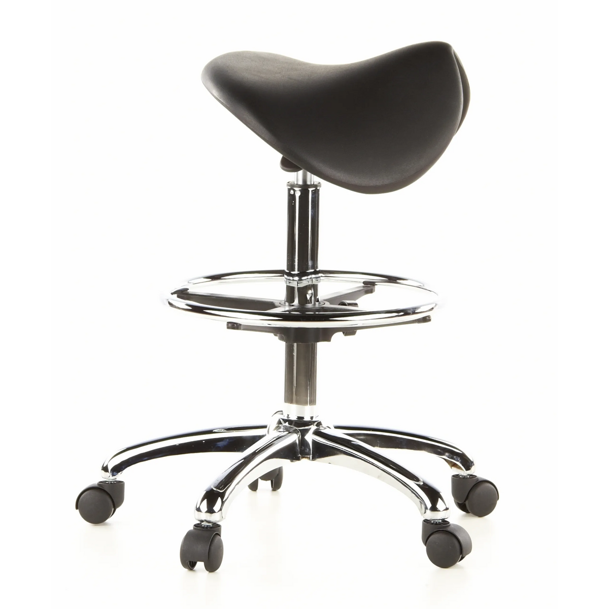 Taburete de silla de montar TOP WORK 13 negro con aro reposapiés y base de cinco ruedas de hjh OFFICE – vista de 360° (vista lateral 80°)
