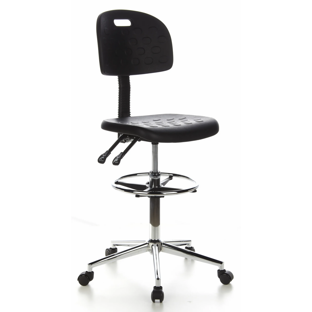 Silla de mostrador negra TOP WORK 23 con reposapiés y base de cinco ruedas de hjh OFFICE – vista de 360° (vista frontal en diagonal 40°)