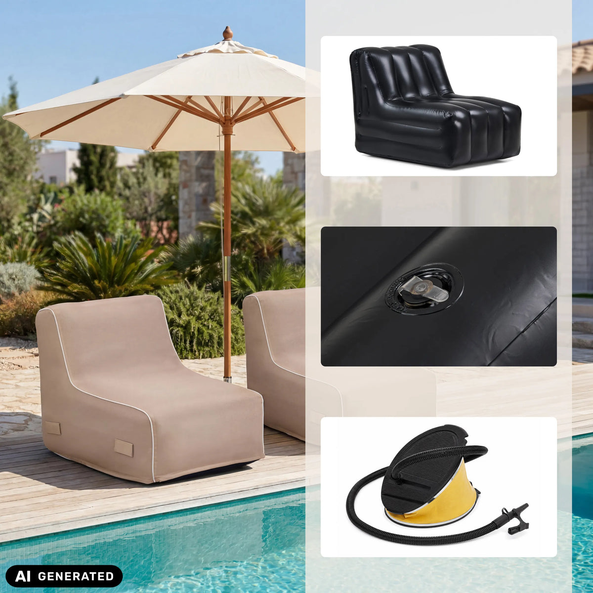 Sofás hinchables Sitzolo Air en beige y negro con bomba de aire y válvula de hjh LIVING (imagen generada por IA)