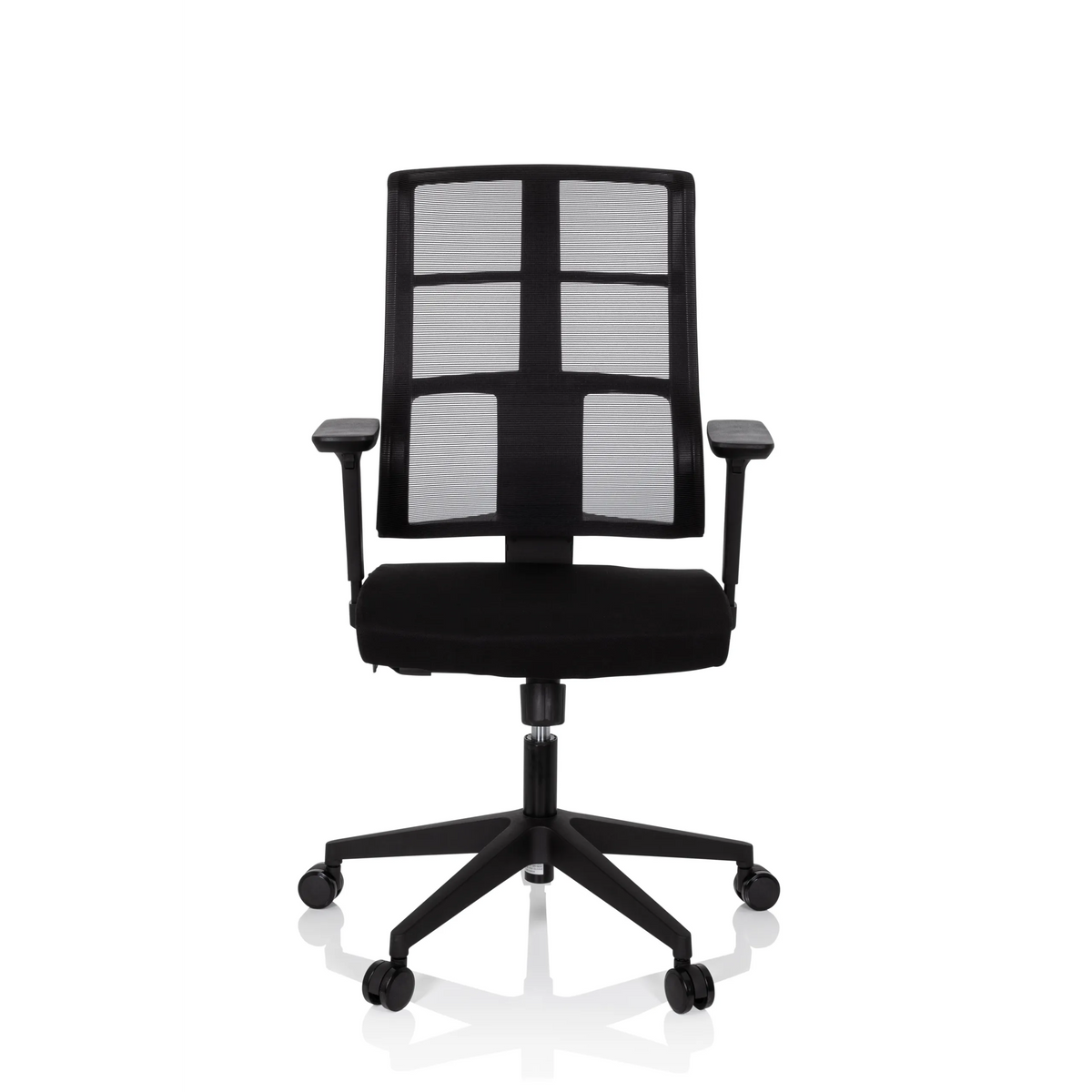 Silla de oficina profesional SPINIO negra con respaldo de malla y base de cinco ruedas de hjh OFFICE – vista de 360° (vista frontal 0°)