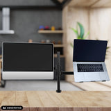 Soporte de monitor VM-MH2 negro con un monitor y un portátil sobre una mesa de madera de hjh OFFICE (imagen generada por IA)