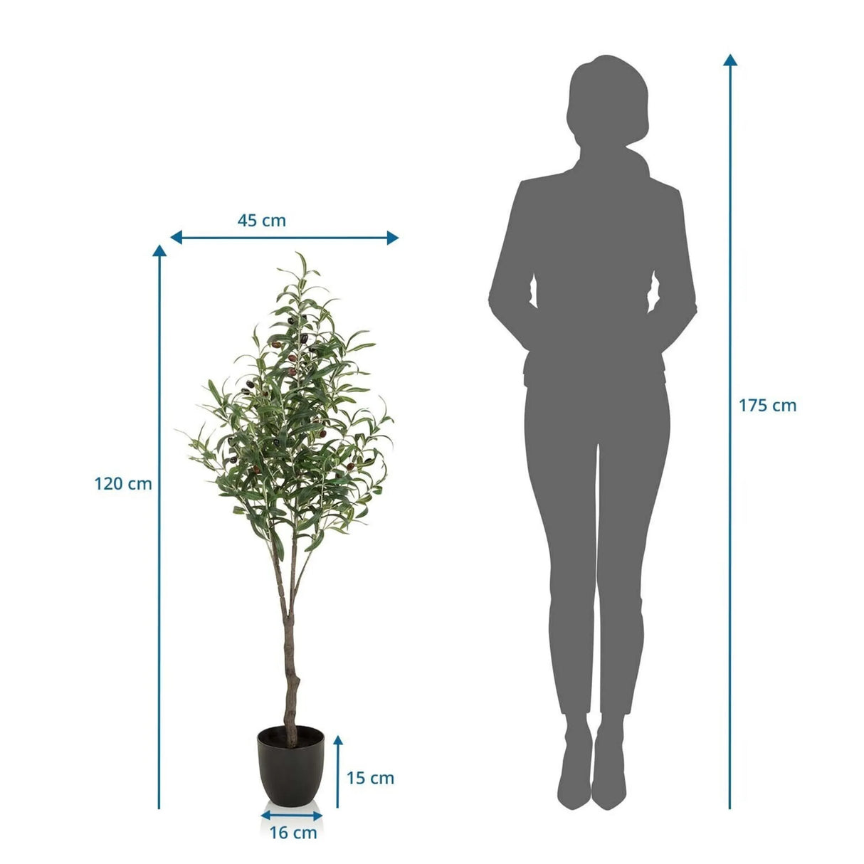 Dibujo dimensional de la Planta artificial OLIVE con una altura de 120 cm de hjh OFFICE