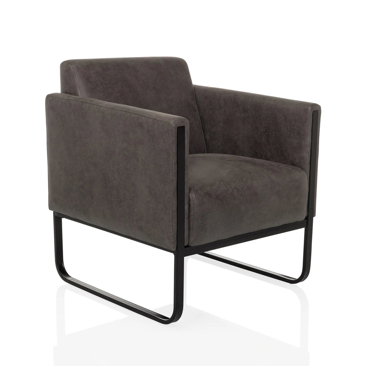 Sillón de diseño Aruba Retro gris con reposabrazos y estructura negra de hjh OFFICE – vista de 360° (vista frontal en diagonal 30°)