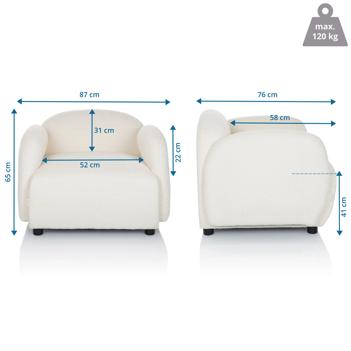 Plano dimensional del Sillón de diseño VERDUNA con un ancho de 87 cm y una altura de 65 cm de hjh LIVING