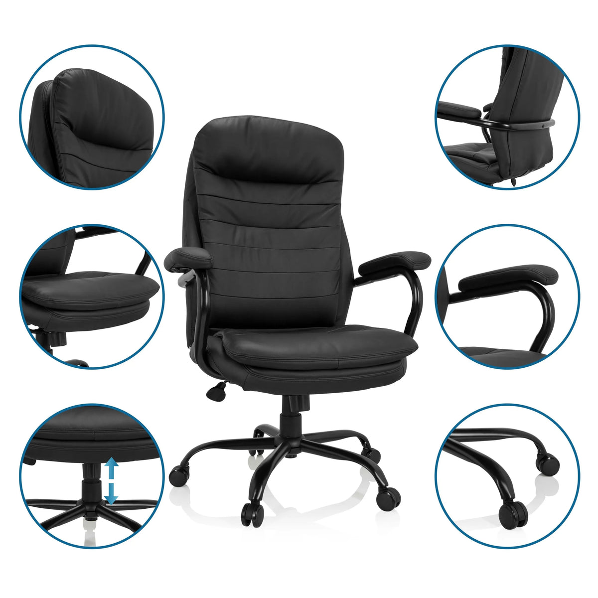 Silla giratoria RELAX XXL B negra de cuero sintético con vistas detalladas de los reposabrazos y la base de hjh OFFICE