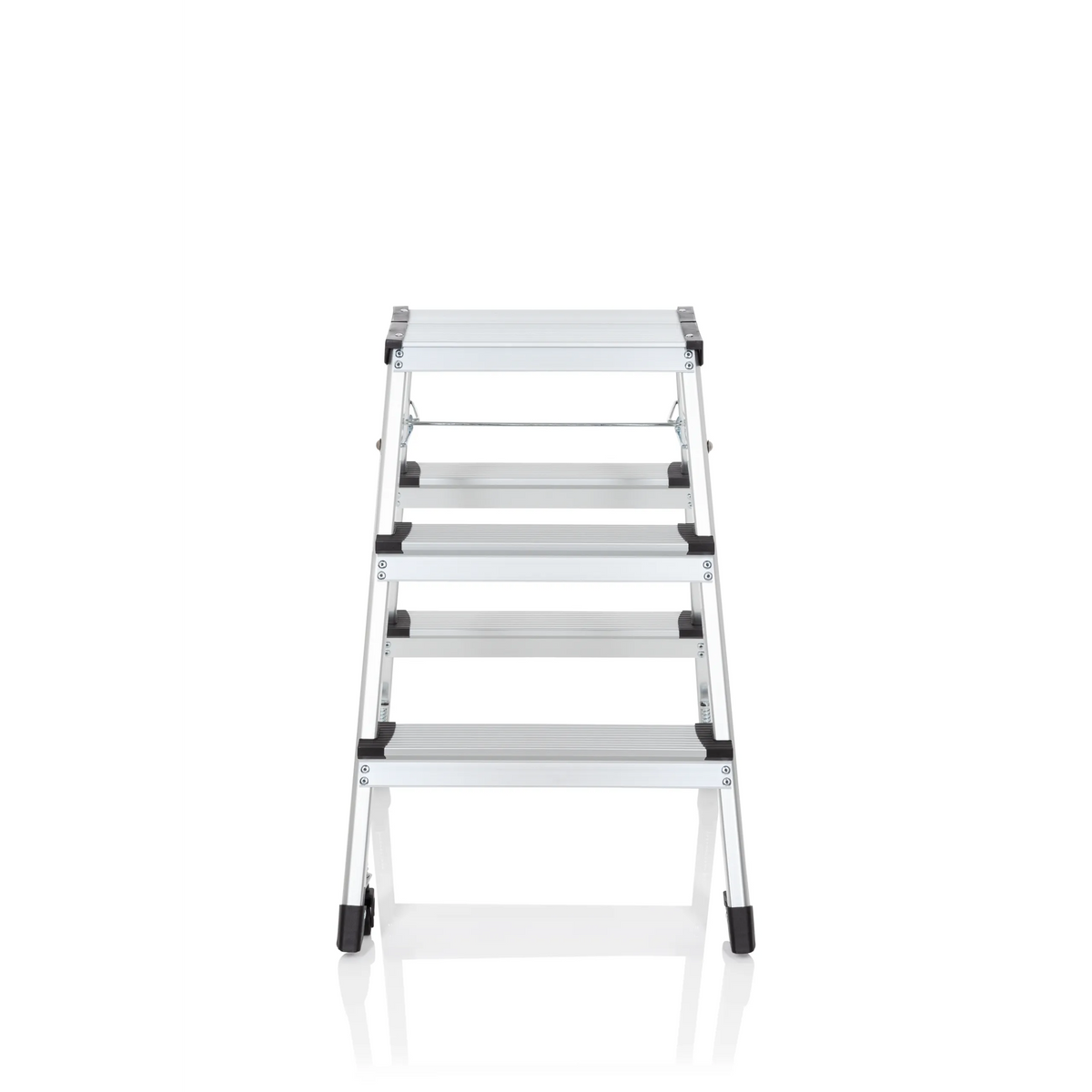 Escalera plegable SOLID IV plateada de aluminio con tres peldaños de hjh OFFICE – vista de 360° (vista frontal 0°)