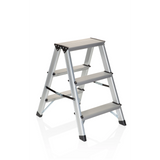 Silberne Klappleiter SOLID aus Aluminium mit drei Stufen von hjh OFFICE – 360-Grad-Ansicht (schräge Frontansicht 40°)