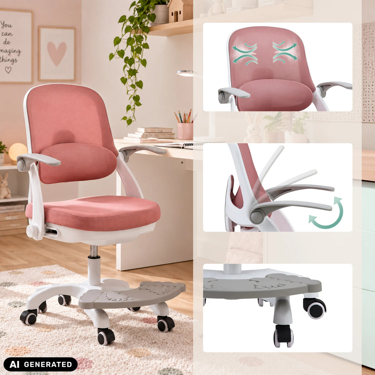 Silla giratoria para niños Kiddy Smart Step en color rosa con reposapiés y reposabrazos ajustables de hjh OFFICE (imagen generada por IA)