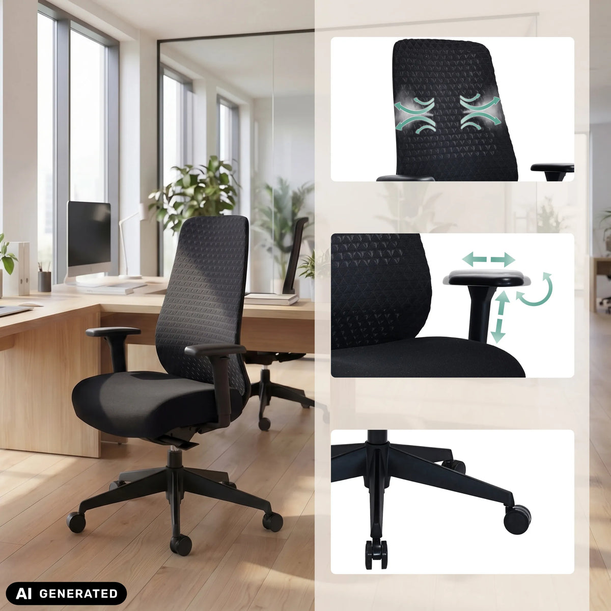 Silla de oficina profesional Verviq en negro con reposabrazos ajustables y base de estrella de hjh OFFICE (imagen generada por IA)