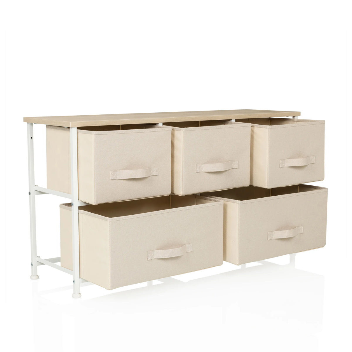 Cómoda beige FOLDAR con cinco cajones de tela y estructura metálica blanca de hjh LIVING