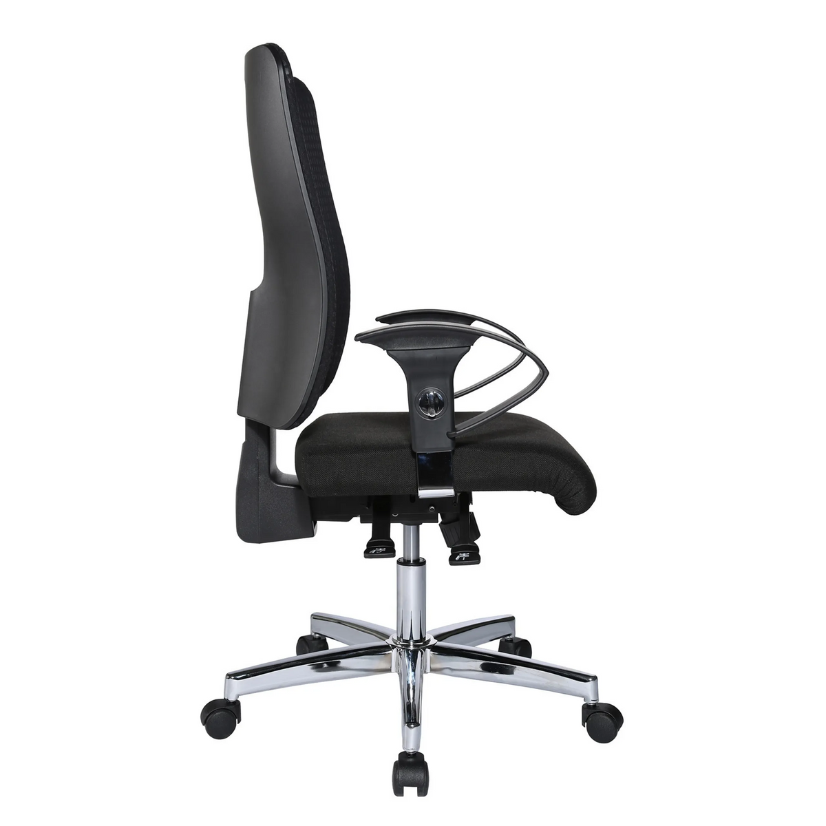 Silla de oficina profesional HJH SITNESS WORK negra con respaldo de malla, reposabrazos y base de cinco ruedas de Topstar – vista de 360° (vista trasera en diagonal 120°)