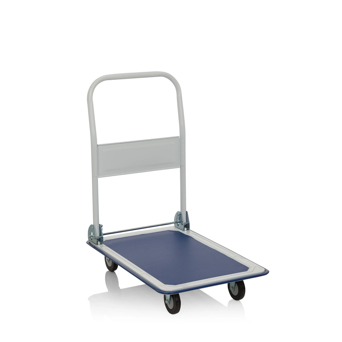 carretilla de transporte CARRY azul y blanca con asa plegable y cuatro ruedas de hjh OFFICE – vista de 360° (vista frontal en diagonal 40°)