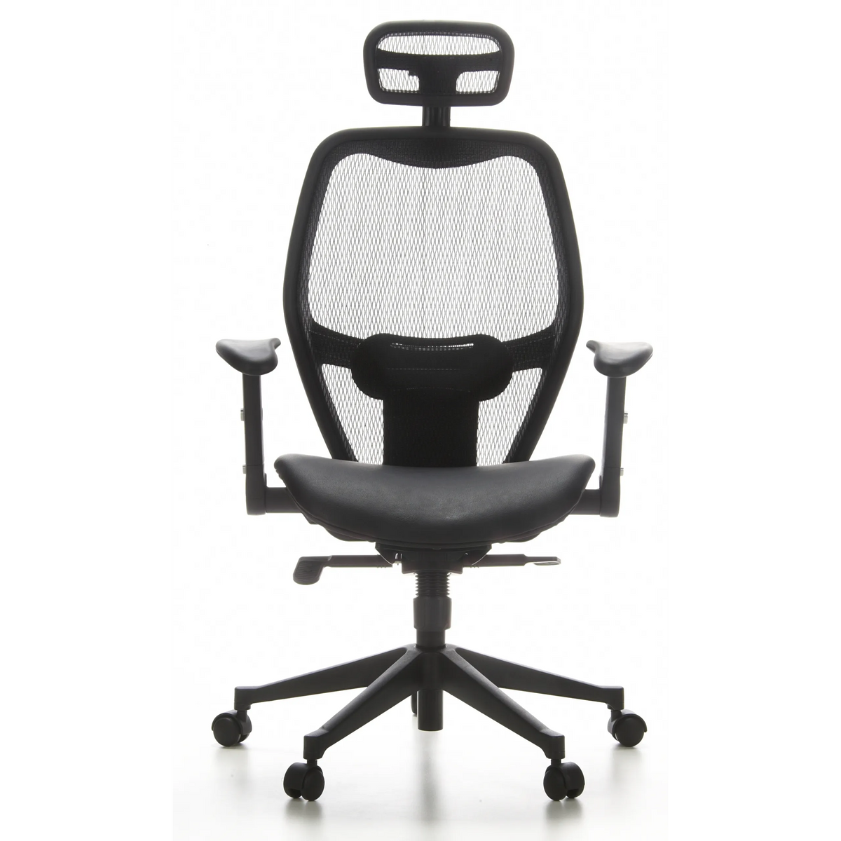 Silla de oficina profesional AIR-PORT negra con respaldo de malla, asiento de cuero y base de cinco ruedas de hjh OFFICE – vista de 360° (vista frontal 0°)