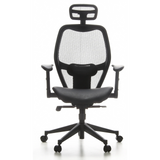 Silla de oficina profesional AIR-PORT negra con respaldo de malla, asiento de cuero y base de cinco ruedas de hjh OFFICE – vista de 360° (vista frontal 0°)