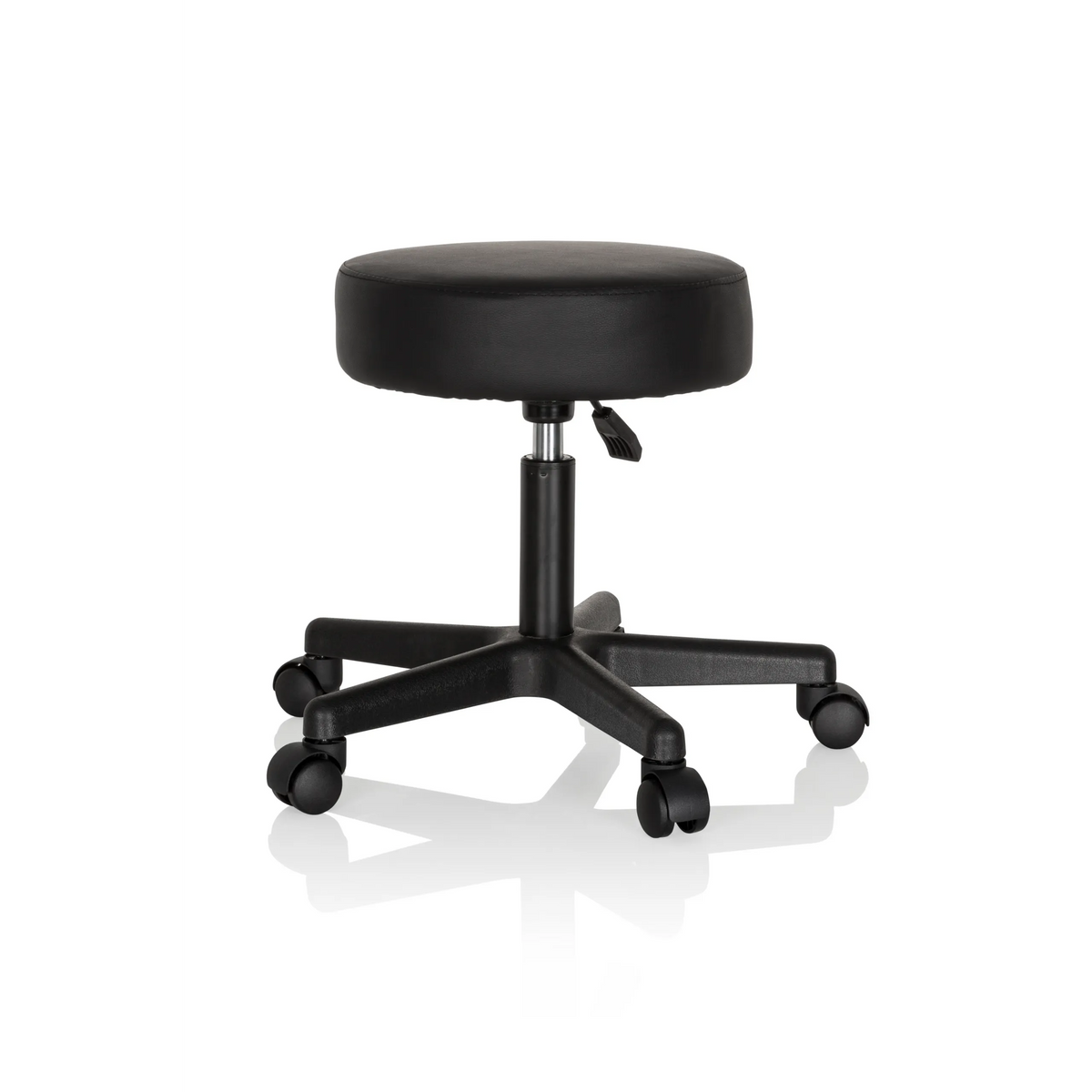 taburete giratorio negro OPERATOR I con asiento acolchado y base de cinco ruedas de hjh OFFICE – vista de 360° (vista frontal en diagonal 60°)