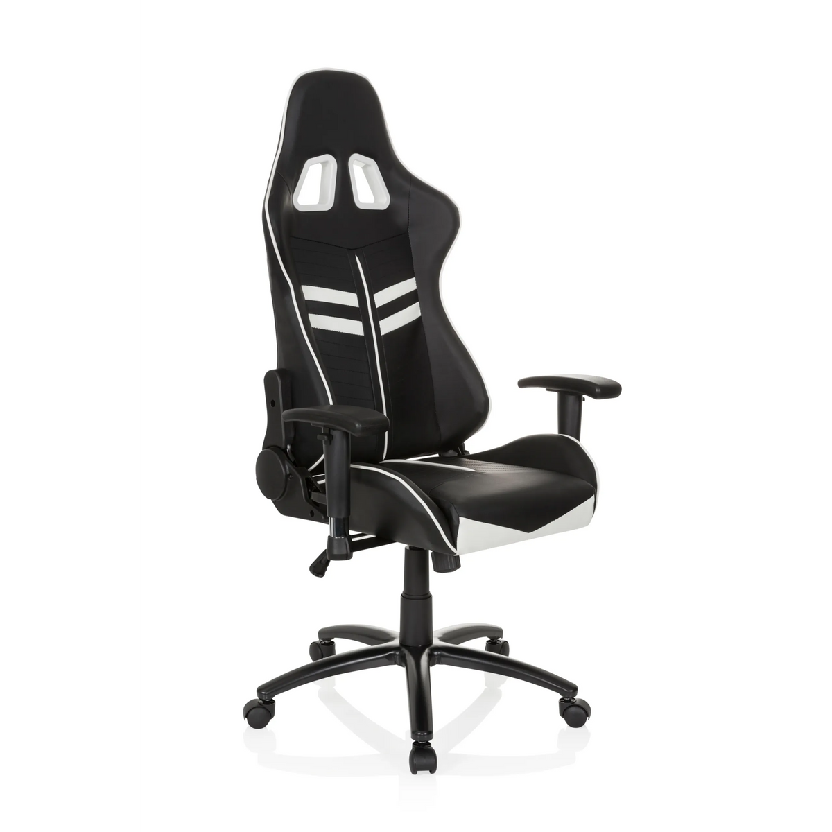 Silla gaming LEAGUE PRO en blanco y negro con reposacabezas y base de cinco ruedas de hjh OFFICE – vista de 360° (vista frontal en diagonal 40°)