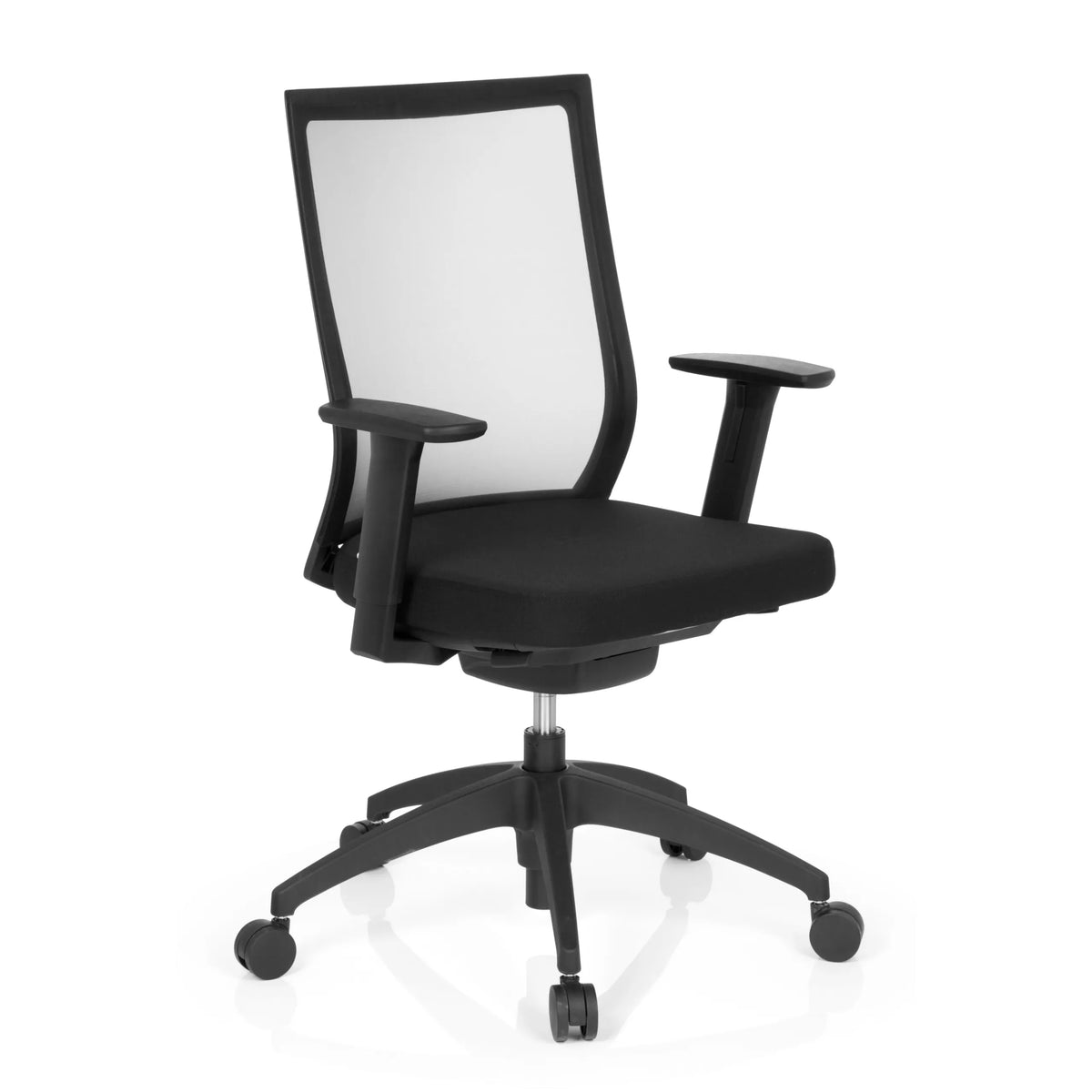Silla de oficina profesional ASPEN negra con respaldo de malla y base de cinco ruedas de hjh OFFICE – vista de 360° (vista frontal en diagonal 40°)