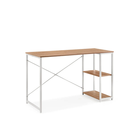 Escritorio Easy Up2 en blanco y roble con estante integrado y travesaño en cruz de hjh LIVING
