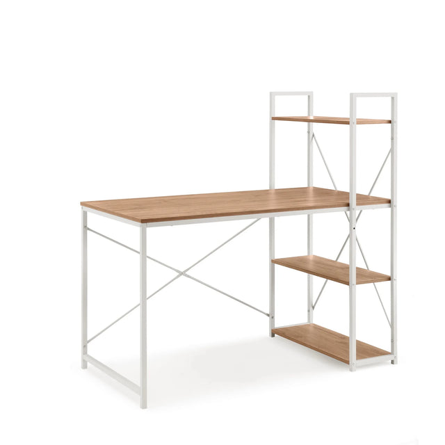 Escritorio Easy Up3 en blanco y roble con estantería integrada de tres niveles de hjh LIVING