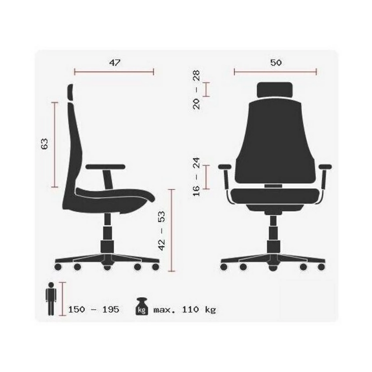 Dibujo técnico de la Silla de oficina profesional HEAD POINT RS con una carga máxima de 110 kg de Topstar