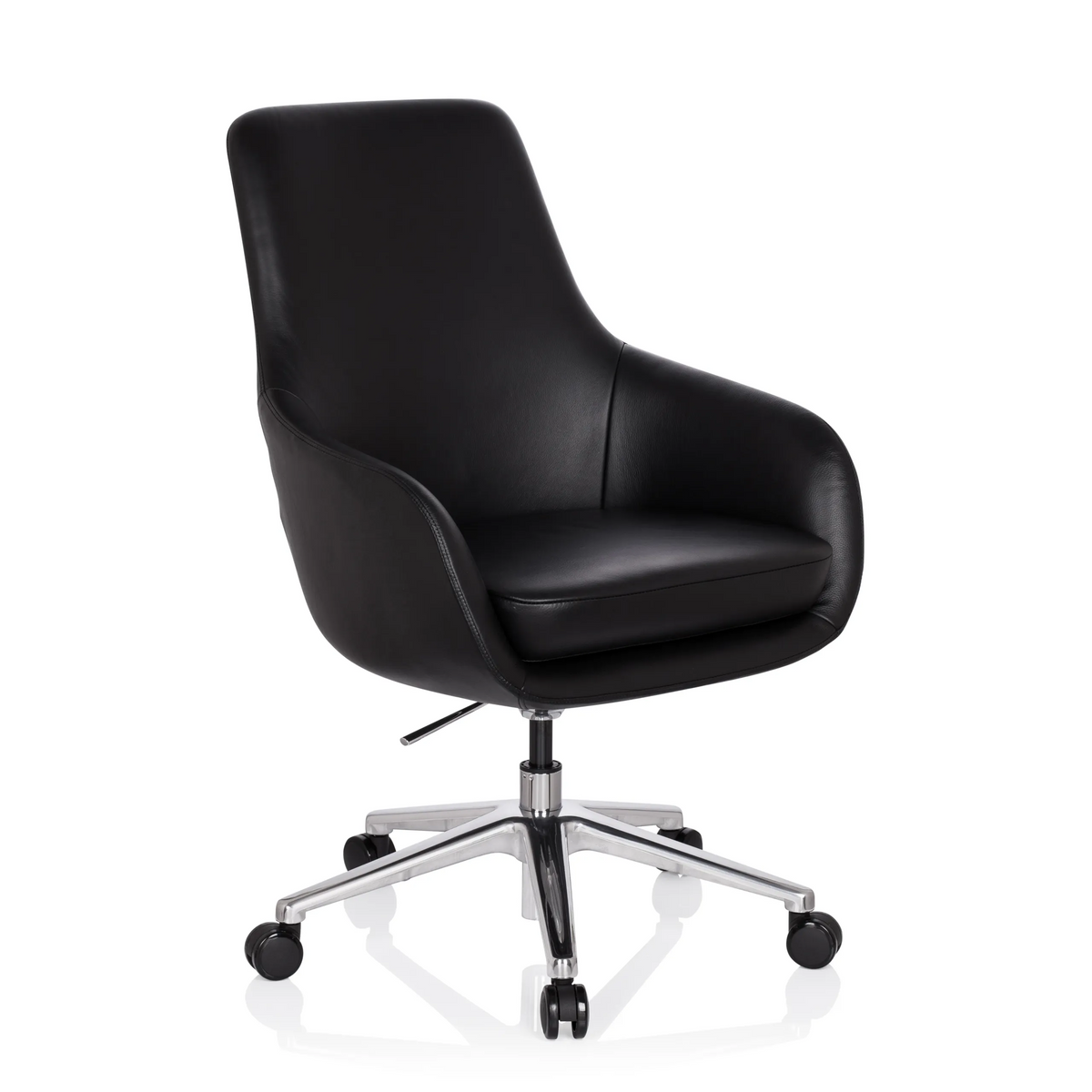 Sillón de oficina profesional BARENO negro con tapizado de cuero y base de cinco ruedas de hjh OFFICE – vista de 360° (vista frontal en diagonal 40°)
