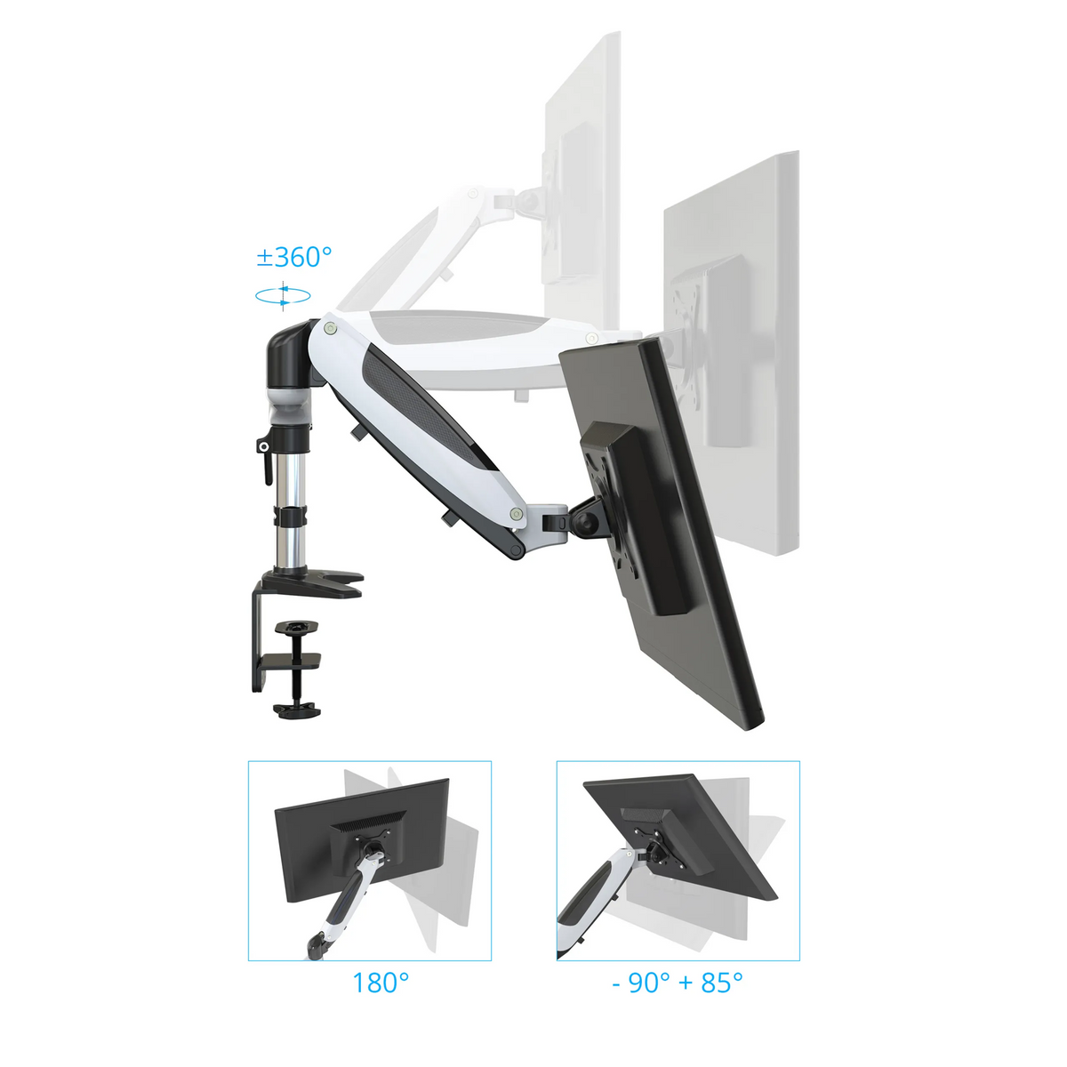 Opciones de ajuste del soporte de monitor VM-MG2S con rotación de 360° y ángulos de inclinación de hjh OFFICE
