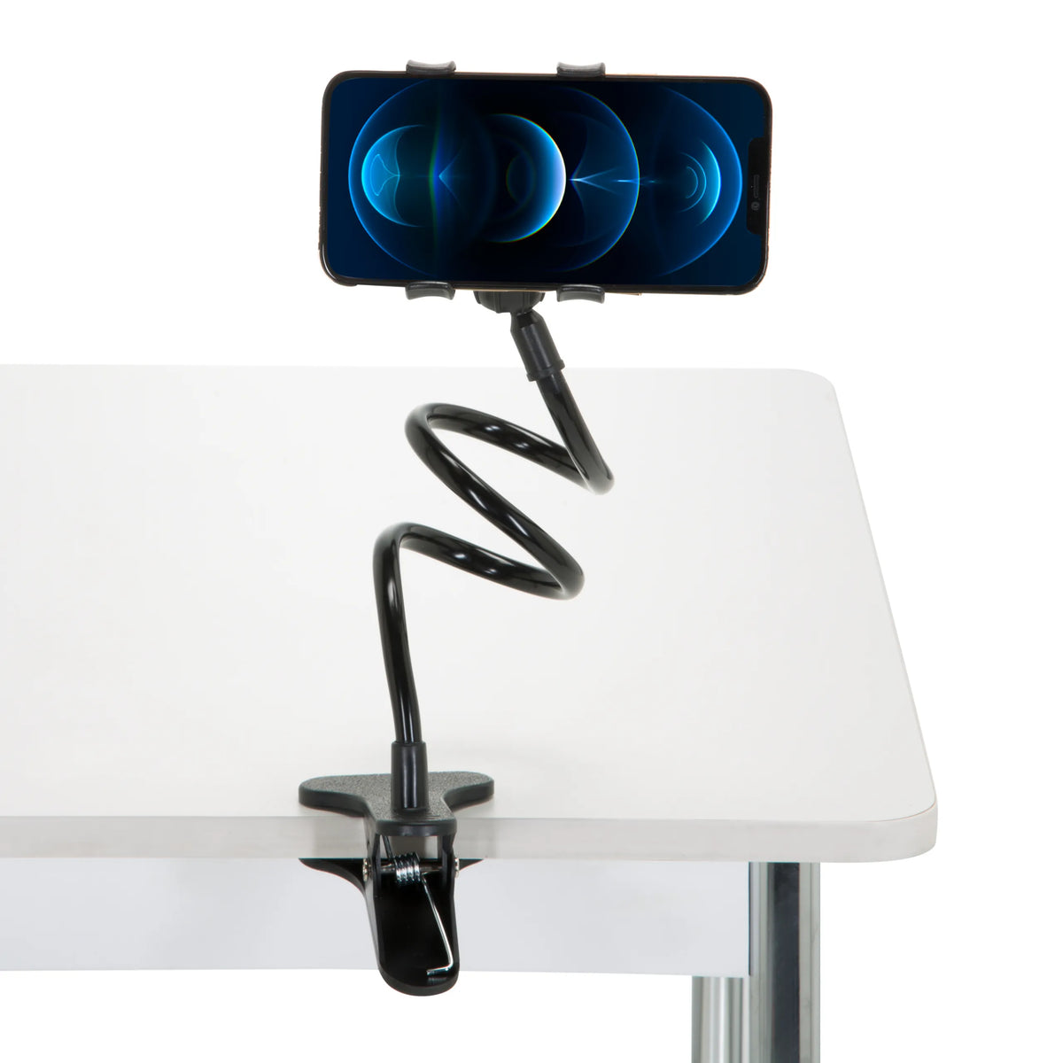 Soporte para teléfono móvil y tableta FLEXMOBI negro con cuello de cisne flexible y pinza de mesa de hjh OFFICE – vista de 360° (vista frontal 0°)