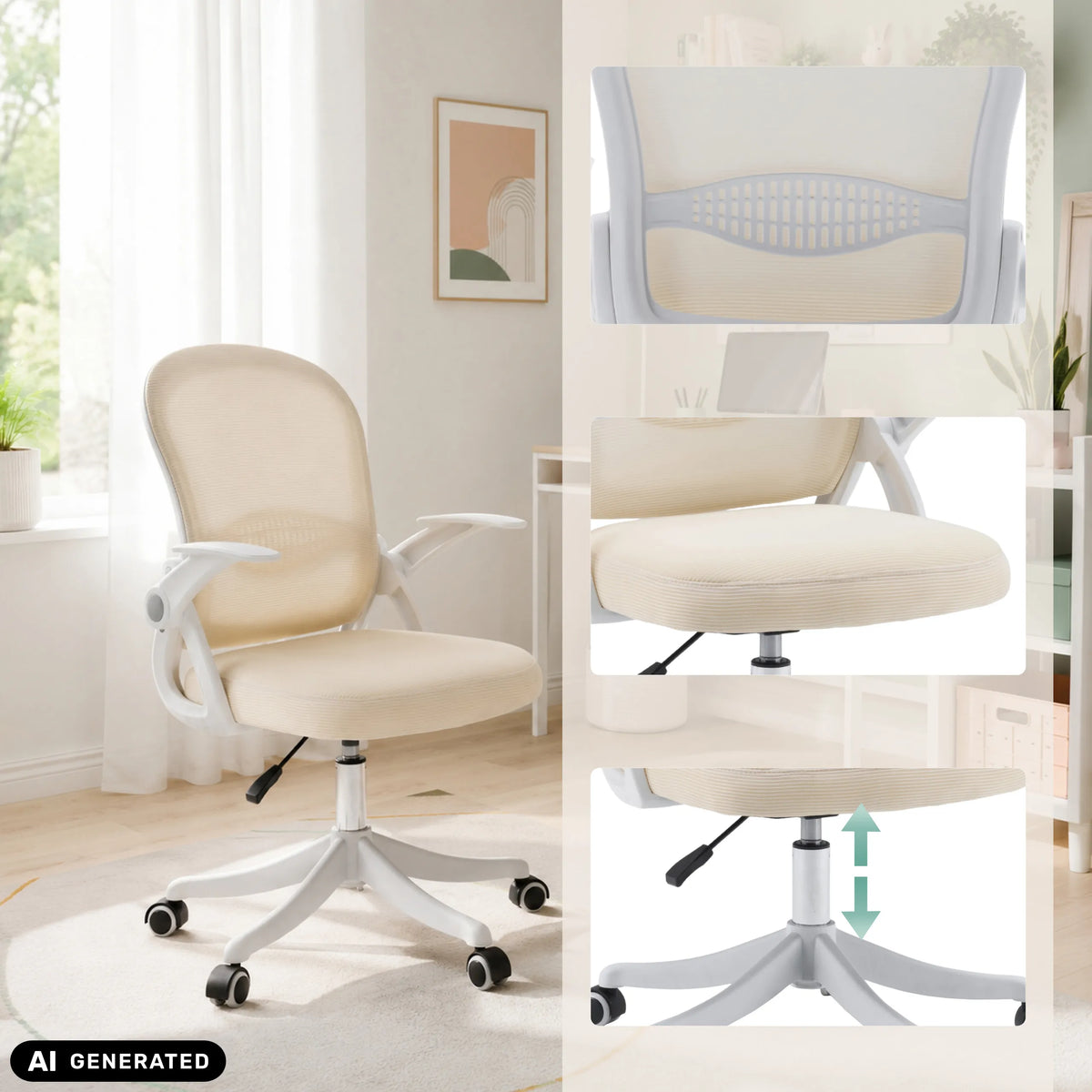 Silla Home Office Naluro beige con detalle en el respaldo y ajuste de altura de hjh OFFICE (imagen generada por IA)