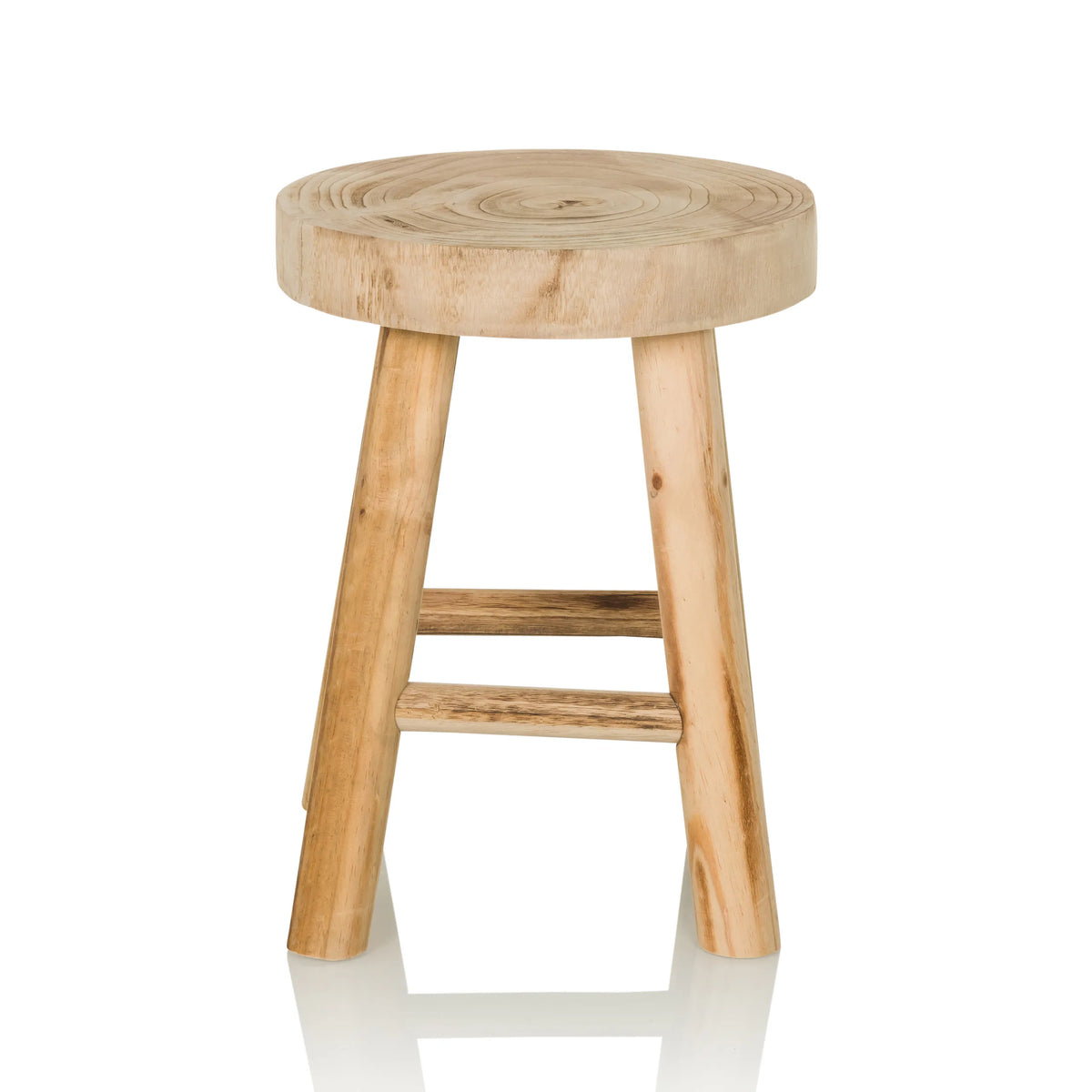 Taburete RUSTIKO W marrón de madera con asiento redondo y travesaños de hjh LIVING – vista de 360° (vista frontal 0°)