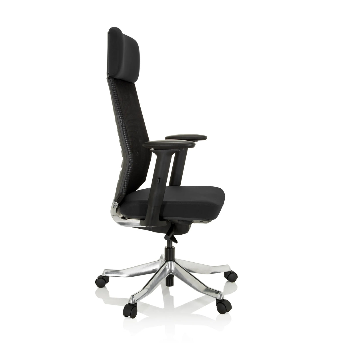 Silla de oficina profesional ASGON negra con respaldo de malla y base de cinco ruedas de hjh OFFICE – vista de 360° (vista lateral 80°)