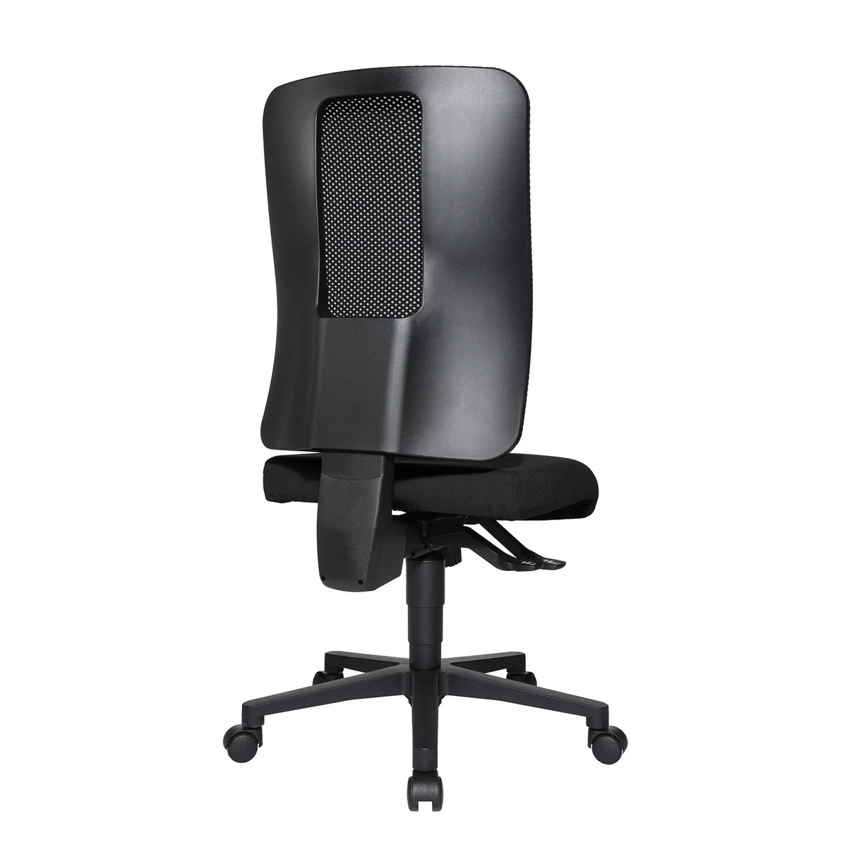 Silla de oficina profesional HJH WORK BASIC negra con respaldo de malla y base de cinco ruedas de Topstar – vista de 360° (vista trasera 180°)