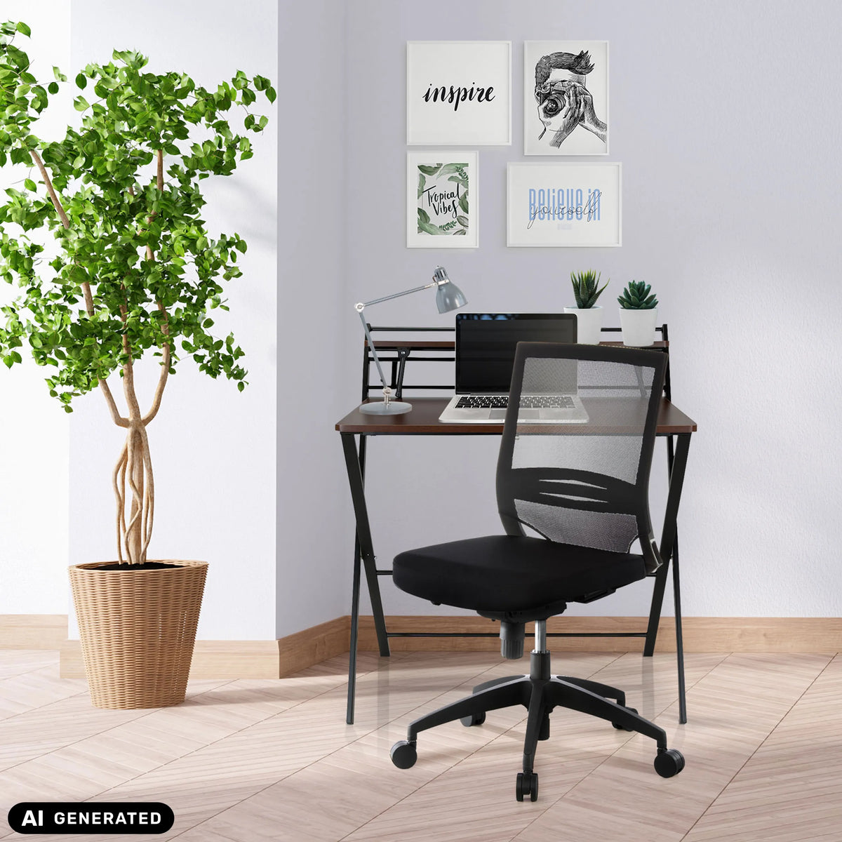 Silla de oficina profesional PORTO PRO negra con respaldo de malla en un escritorio de hjh OFFICE (imagen generada por IA)