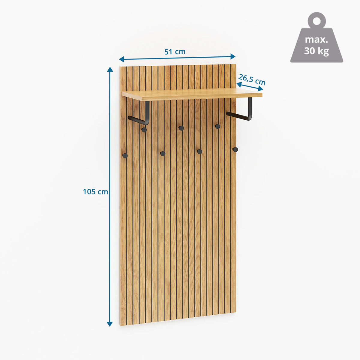 Dibujo dimensional del Perchero de pared LINNO SPACE con 105 × 51 cm y una capacidad de carga de 30 kg de hjh LIVING