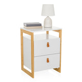 Mesa auxiliar TAROLO III en blanco con dos cajones, tiradores de cuero y una estructura de madera clara de hjh LIVING