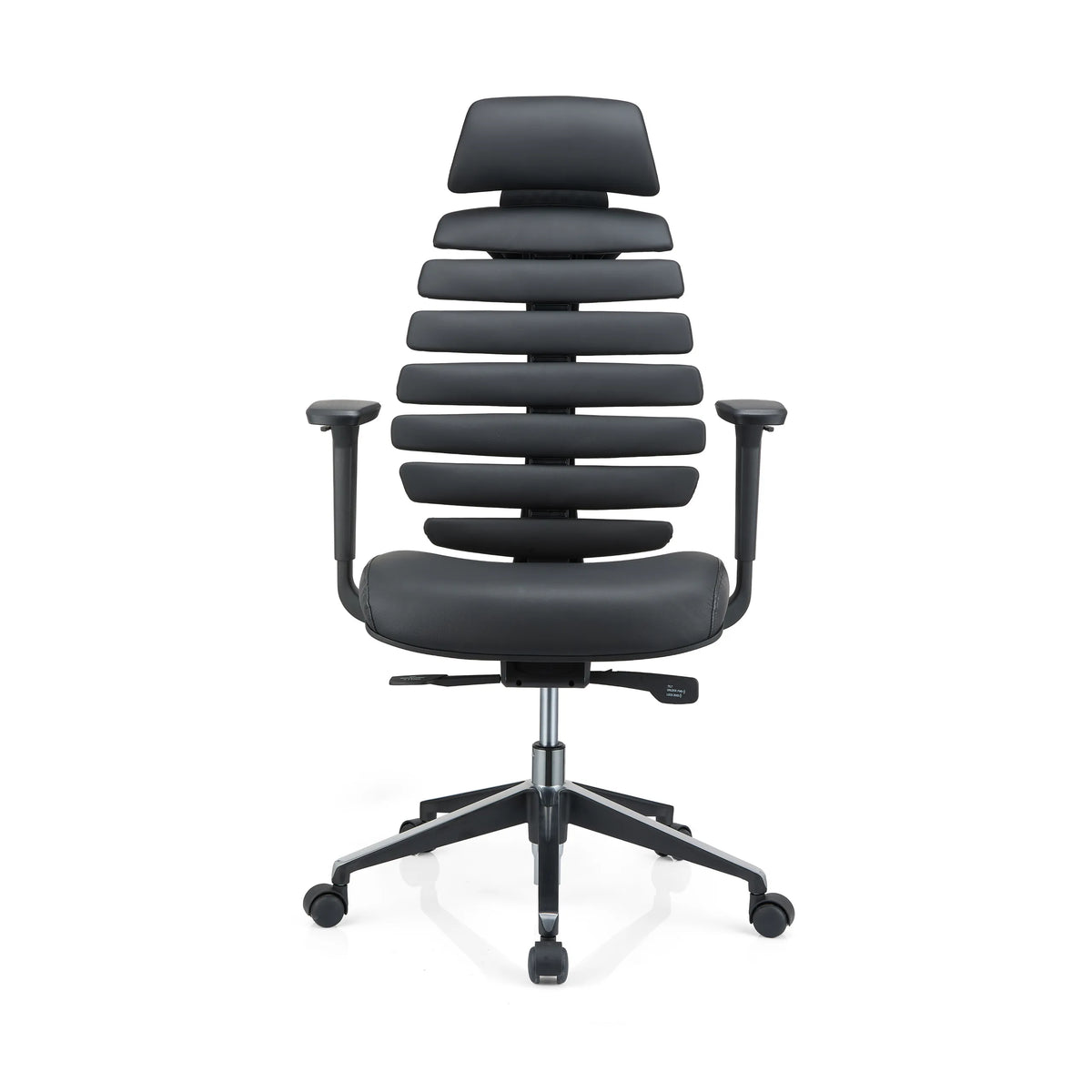 Silla de oficina profesional ERGO LINE II PRO negra de cuero con respaldo segmentado y base de estrella de hjh OFFICE – vista de 360° (vista frontal 0°)