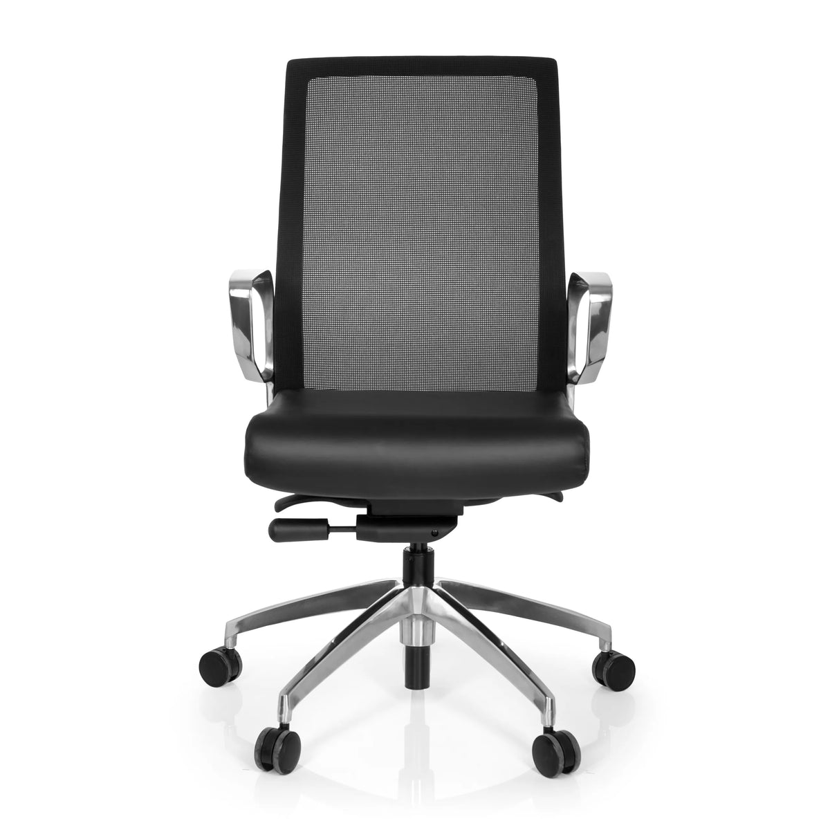 Silla de oficina profesional PROVIDER NET negra con respaldo de malla y base de cinco ruedas de hjh OFFICE – vista de 360° (vista frontal 0°)